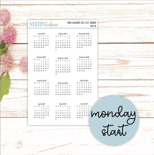 Mini 2026-2027 Calendar Stickers for Planners and Bullet Journals || H668