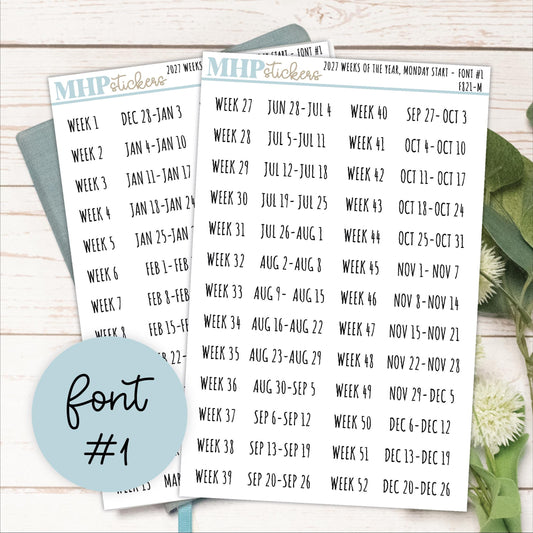 2027 Weeks of the Year Stickers MONDAY START for Planners and Bullet Journals. || F821