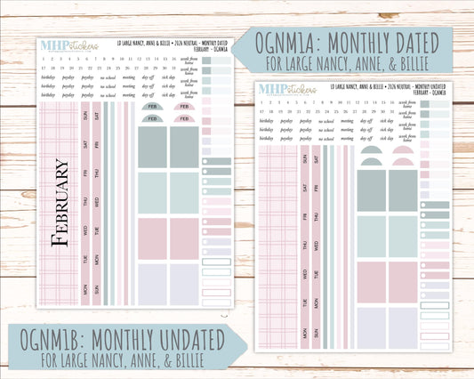 FEBRUARY 2026 Neutral Collection Stickers for the Large Nancy, Anne, & Billie Laurel Denise Planners || OGN