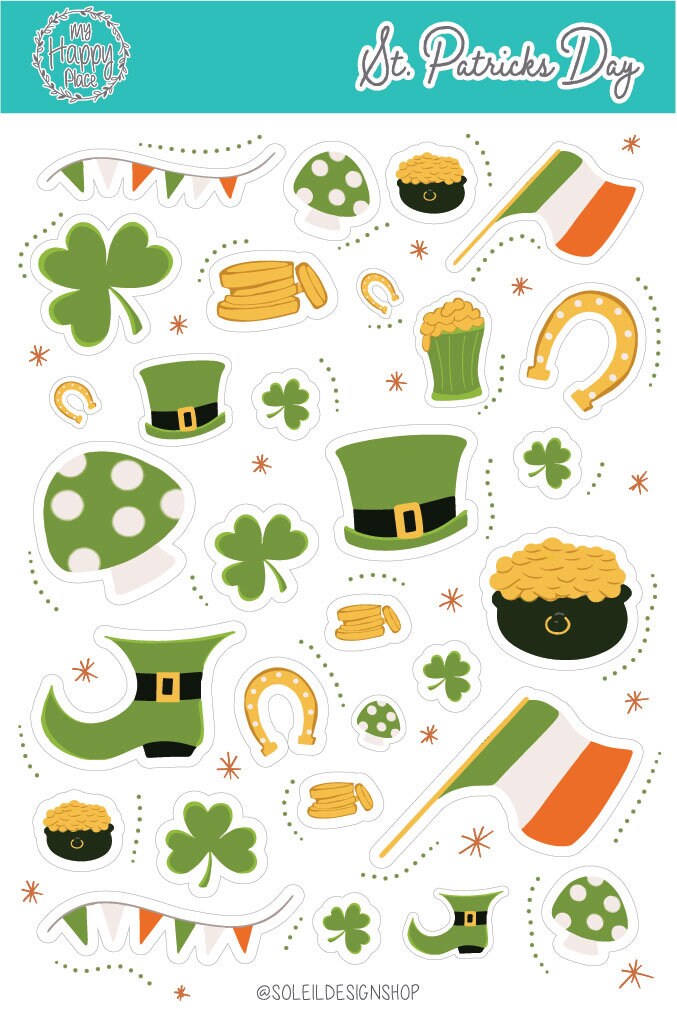 St. Patrick's Day Planner Sticker Sheet. Shamrock and Leprechaun Stickers for Bullet Journal, Planners and Scrapbooking || HO911