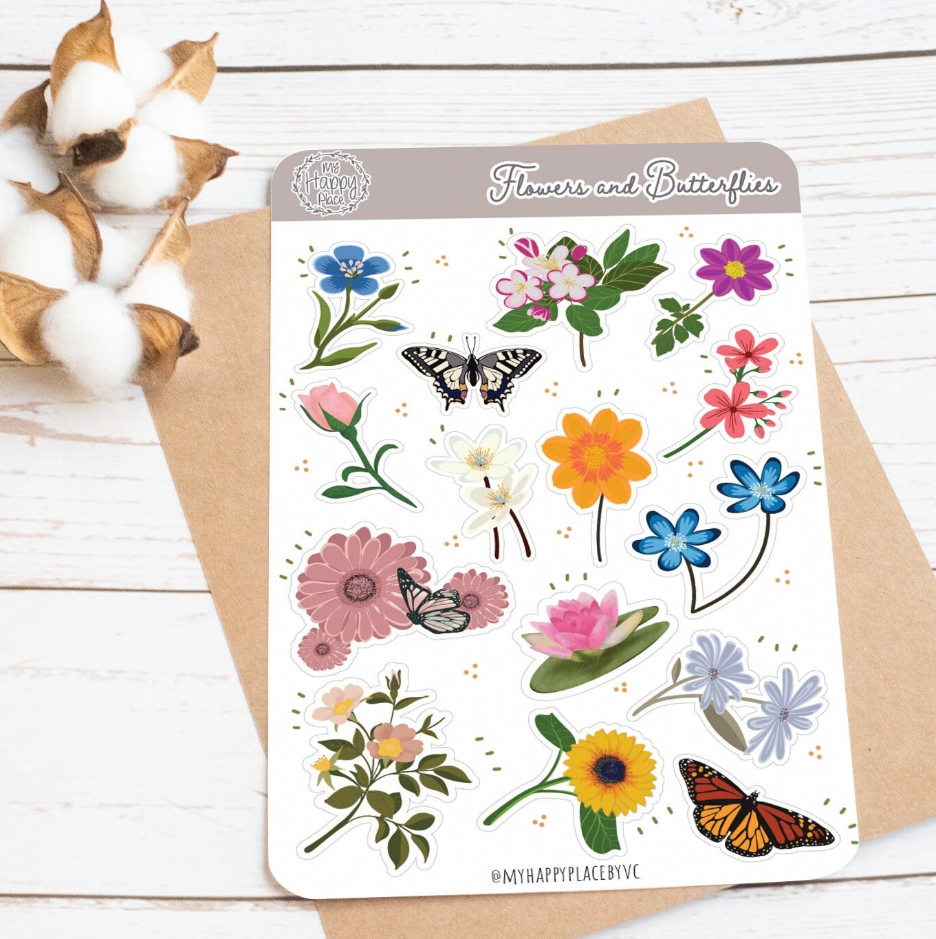 Flowers and Butterflies Sticker Sheet. Stickers for Bullet Journal, Planners and Scrapbooking. College Planner || HO908