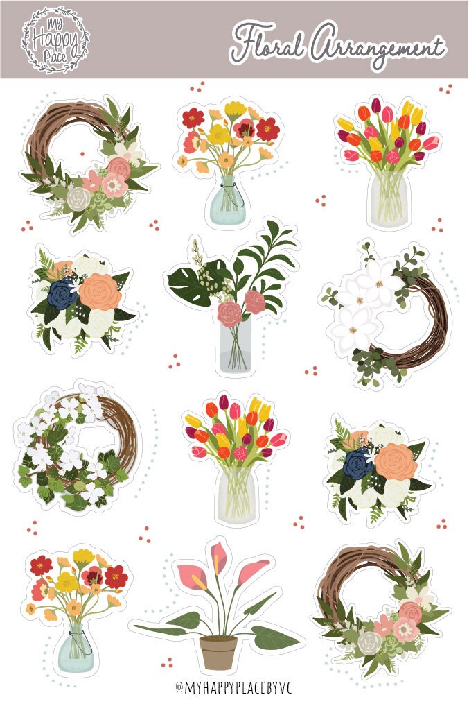 Floral Stickers Sheet. Wreath and Bouquet Stickers for Bullet Journals, Planners, and Scrapbooking. Flower Stickers || HO913