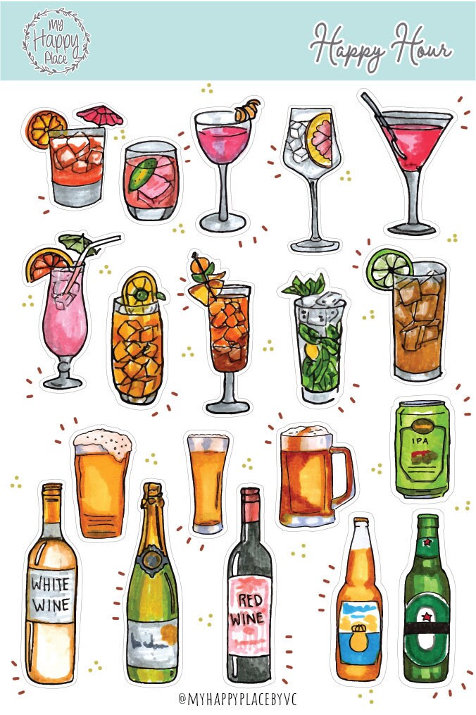 Happy Hour Sticker Sheet. Cocktail Drinks and Beer Stickers. Stickers for Bullet Journal, Planners, and Scrapbooking || HO910
