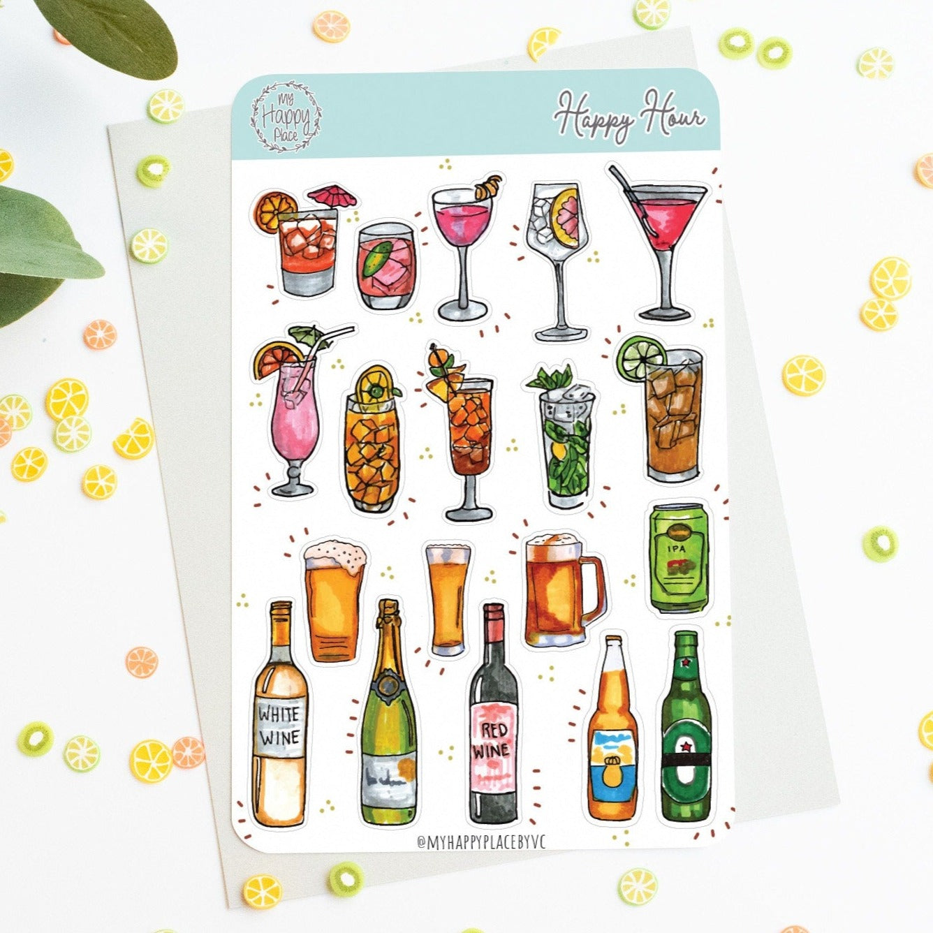 Happy Hour Sticker Sheet. Cocktail Drinks and Beer Stickers. Stickers for Bullet Journal, Planners, and Scrapbooking || HO910