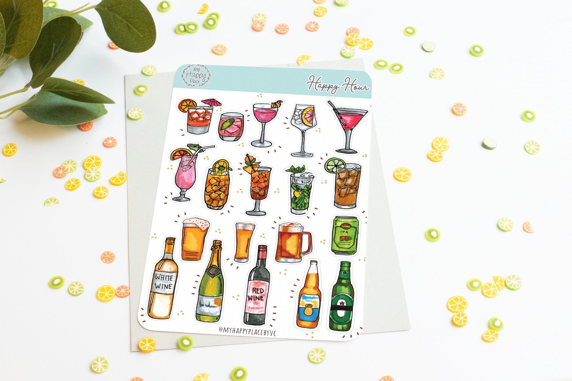 Happy Hour Sticker Sheet. Cocktail Drinks and Beer Stickers. Stickers for Bullet Journal, Planners, and Scrapbooking || HO910