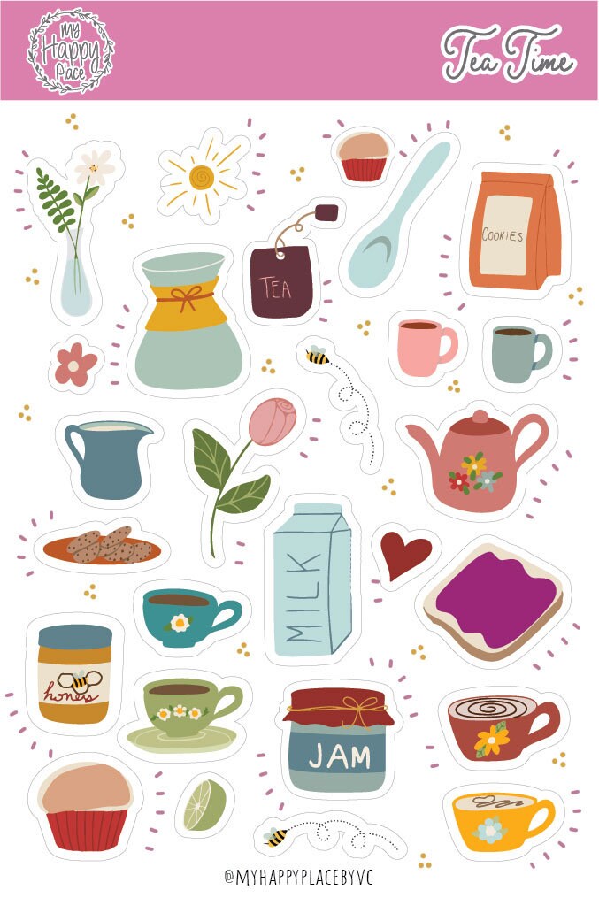 Tea Time Sticker Sheet. Tea & Coffee Planner Stickers for Bullet Journals, Card Making, and Scrapbooking || HO914