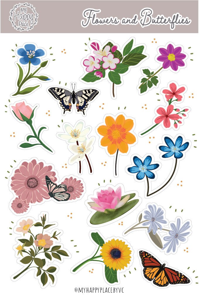 Flowers and Butterflies Sticker Sheet. Stickers for Bullet Journal, Planners and Scrapbooking. College Planner || HO908