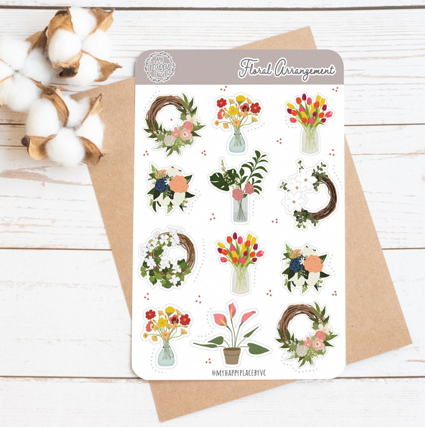 Floral Stickers Sheet. Wreath and Bouquet Stickers for Bullet Journals, Planners, and Scrapbooking. Flower Stickers || HO913
