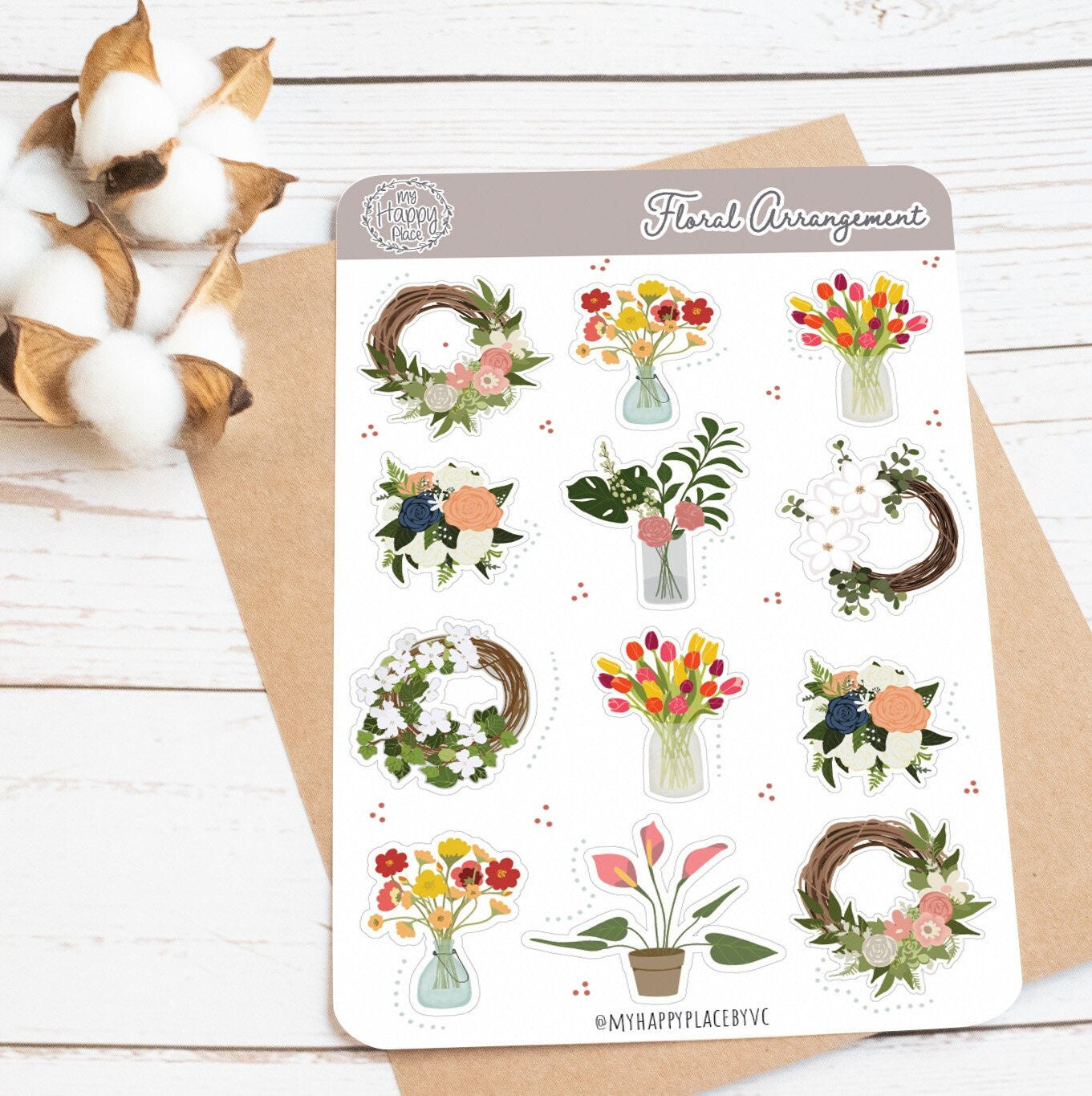 Floral Stickers Sheet. Wreath and Bouquet Stickers for Bullet Journals, Planners, and Scrapbooking. Flower Stickers || HO913