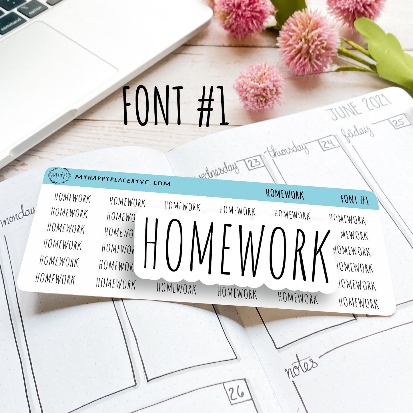 HOMEWORK Stickers for College Planner, Calendars, Teacher Planner, and Bullet Journals. 7 Fonts to Choose From || T311