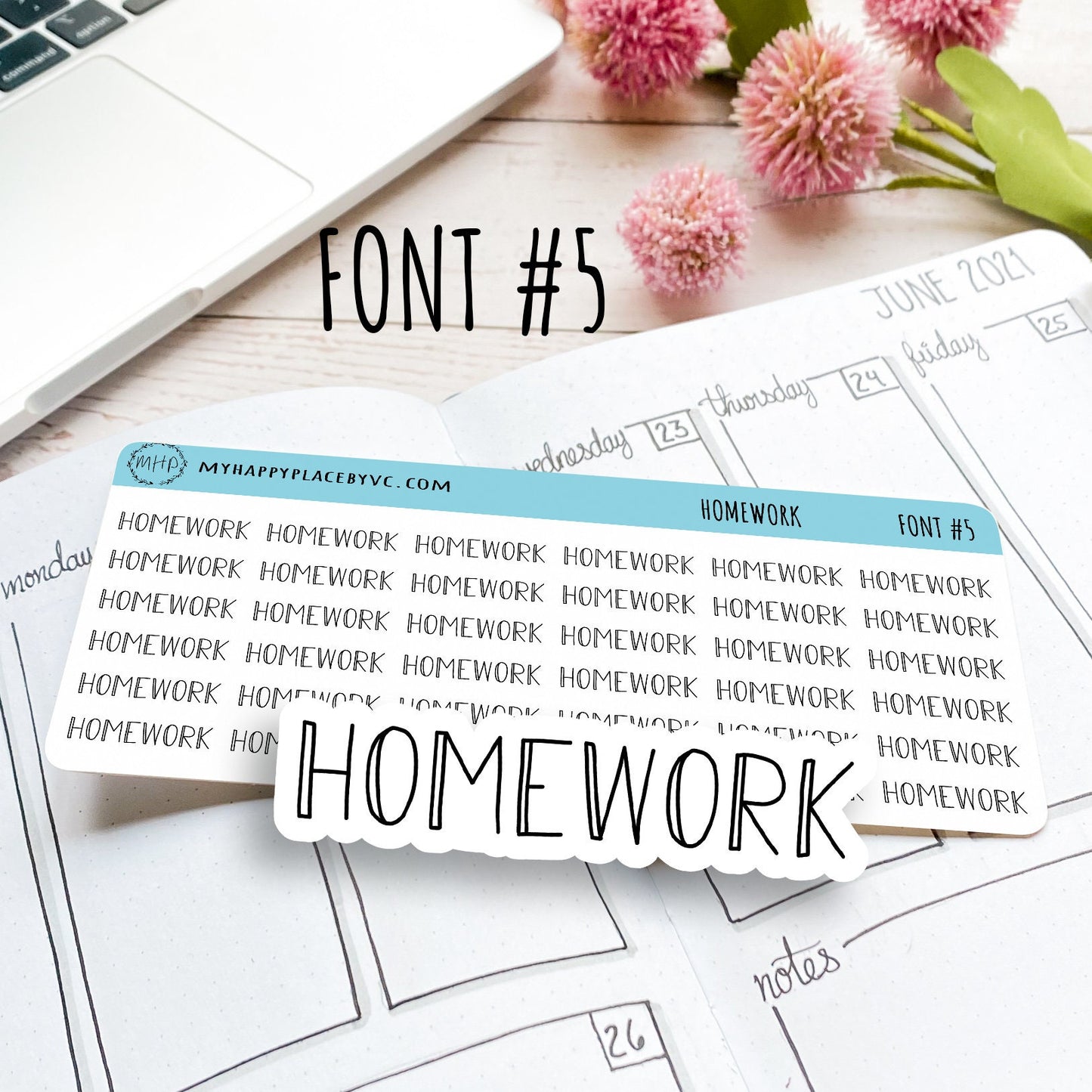 HOMEWORK Stickers for College Planner, Calendars, Teacher Planner, and Bullet Journals. 7 Fonts to Choose From || T311
