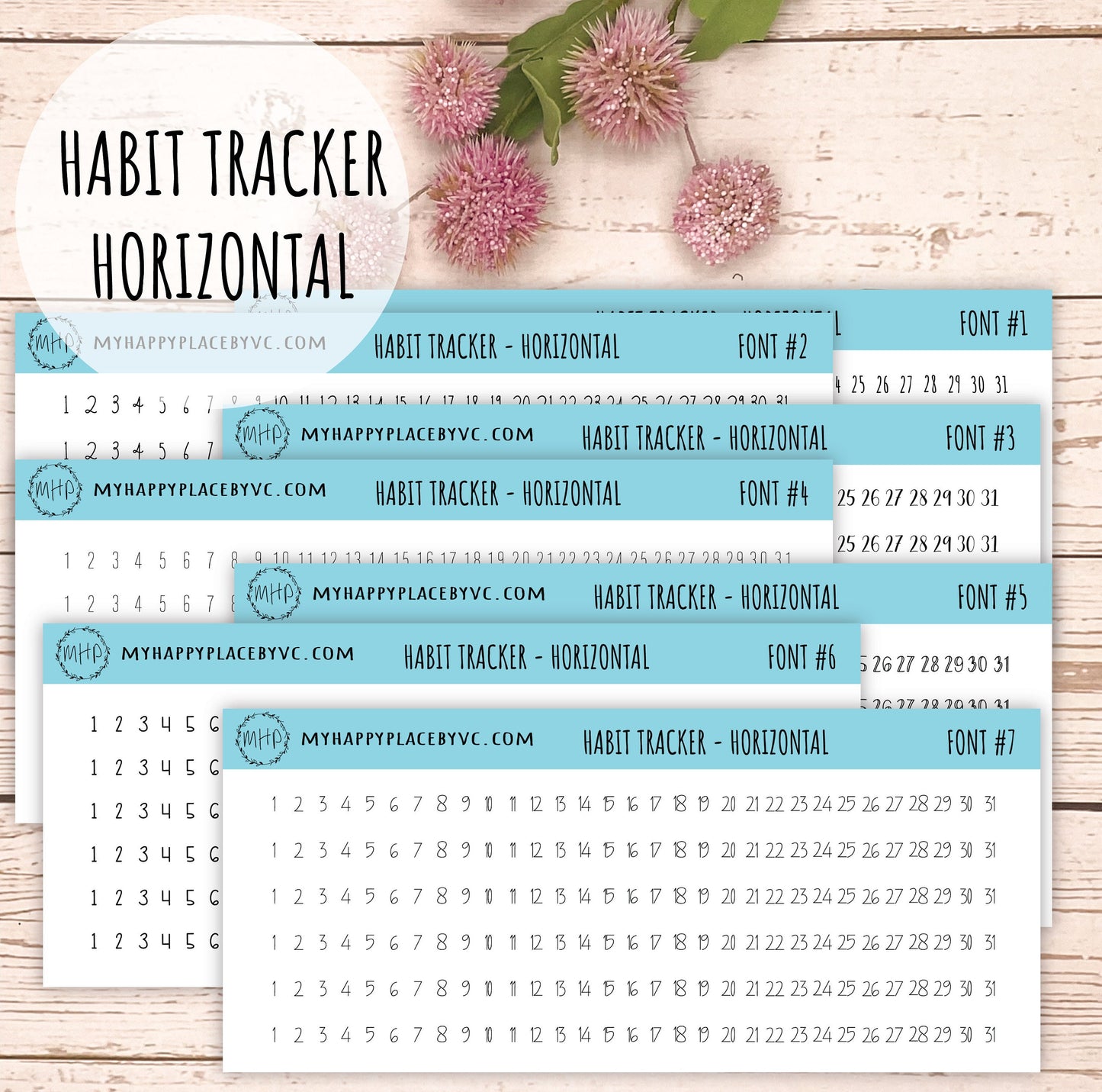 Habit Tracker Planner Stickers for College Planner, Homeschool Planner , and Bullet Journals. Horizontal Strips || T305