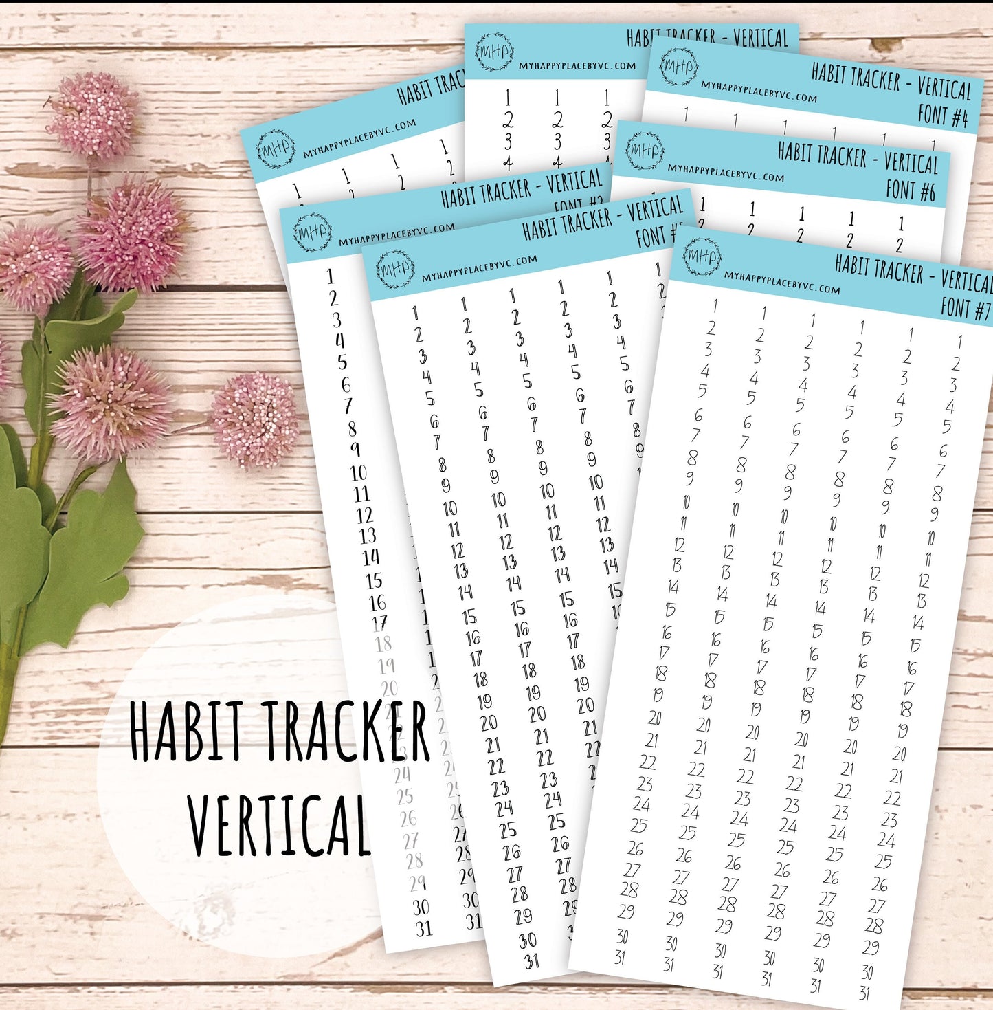 Habit Tracker Stickers for College Planners, Organizers and Bullet Journals. Vertical Number Strips. 7 Fonts to Choose From || T306