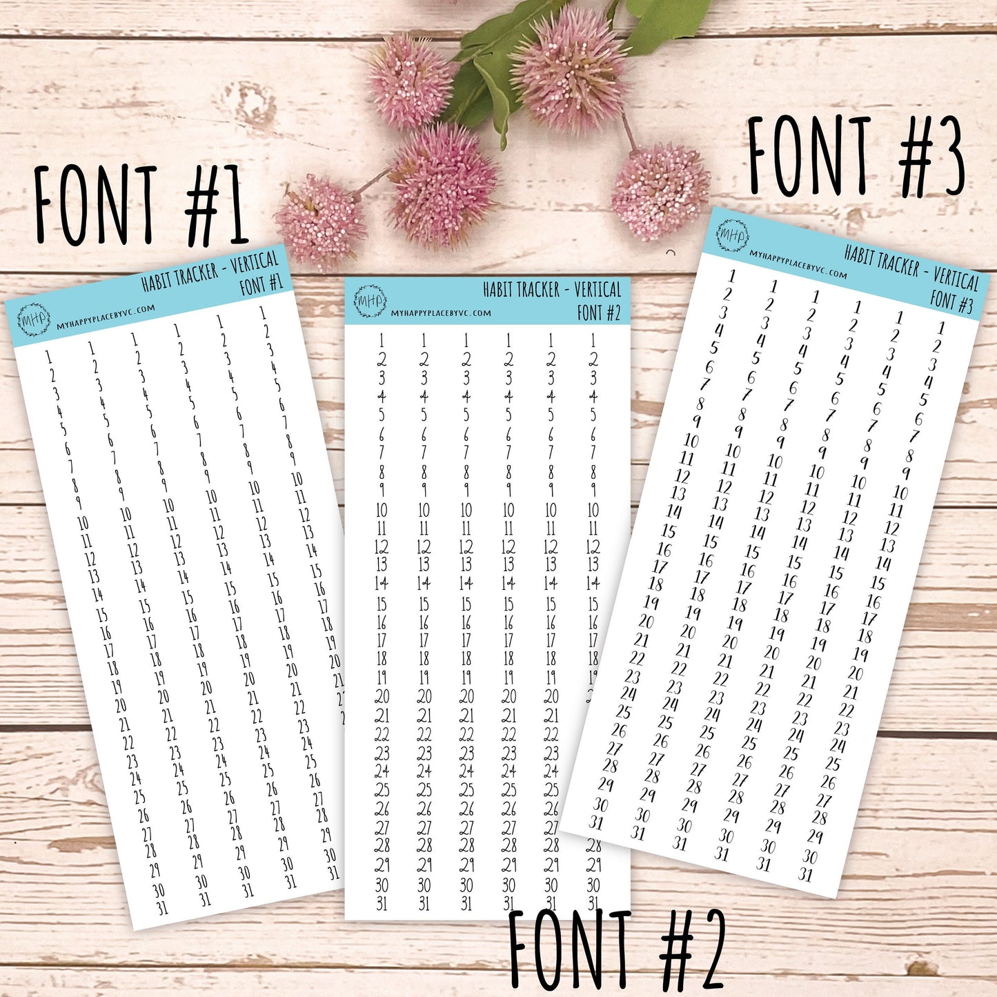 Habit Tracker Stickers for College Planners, Organizers and Bullet Journals. Vertical Number Strips. 7 Fonts to Choose From || T306
