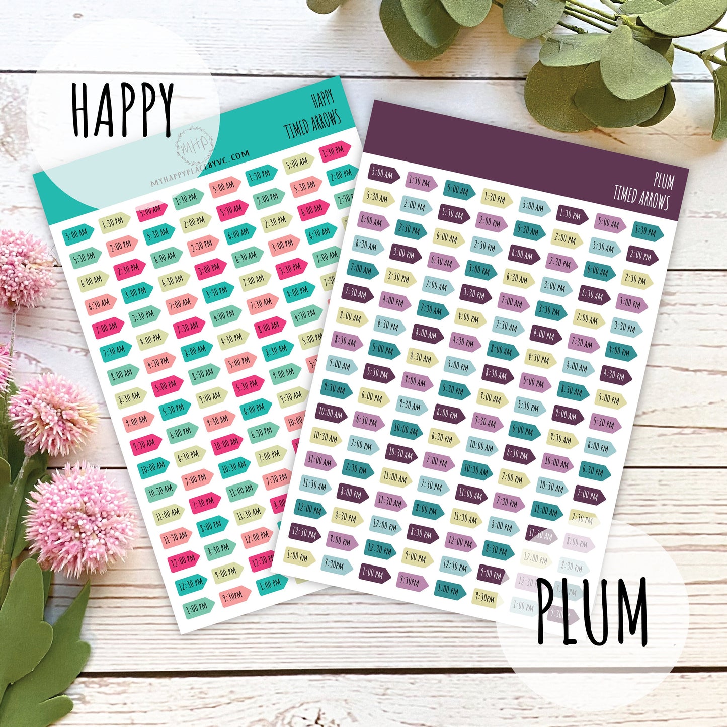 Timed Arrows Planner Stickers for Bullet Journals, Stickers for Planners , Half Hour Labels 5 am - 9:30 pm || H508