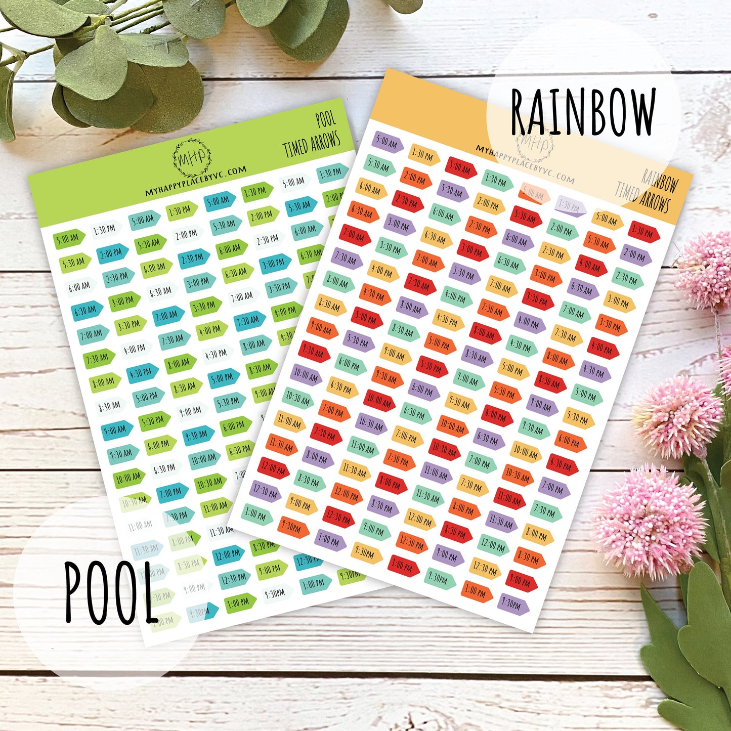 Timed Arrows Planner Stickers for Bullet Journals, Stickers for Planners , Half Hour Labels 5 am - 9:30 pm || H508