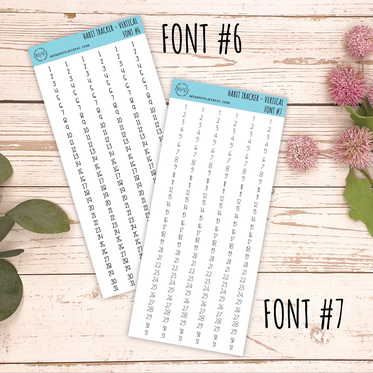Habit Tracker Stickers for College Planners, Organizers and Bullet Journals. Vertical Number Strips. 7 Fonts to Choose From || T306