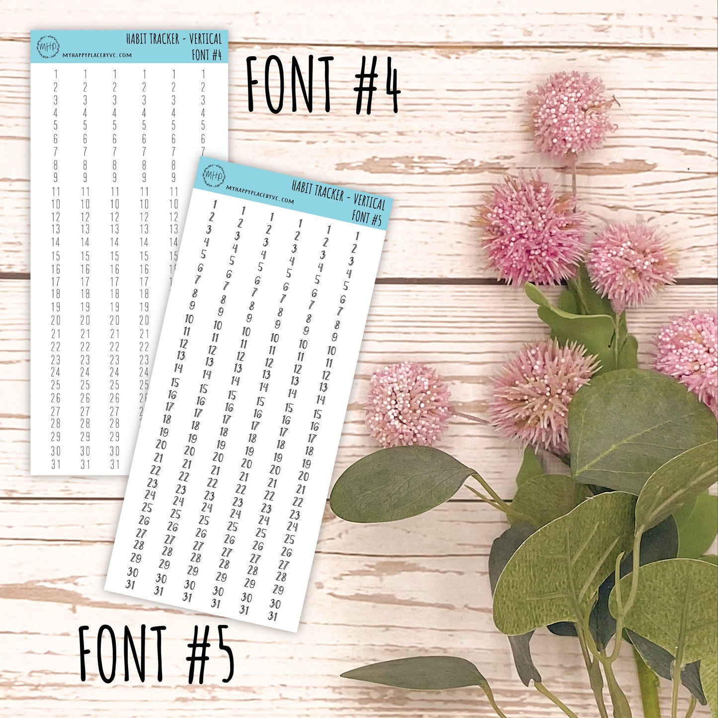 Habit Tracker Stickers for College Planners, Organizers and Bullet Journals. Vertical Number Strips. 7 Fonts to Choose From || T306