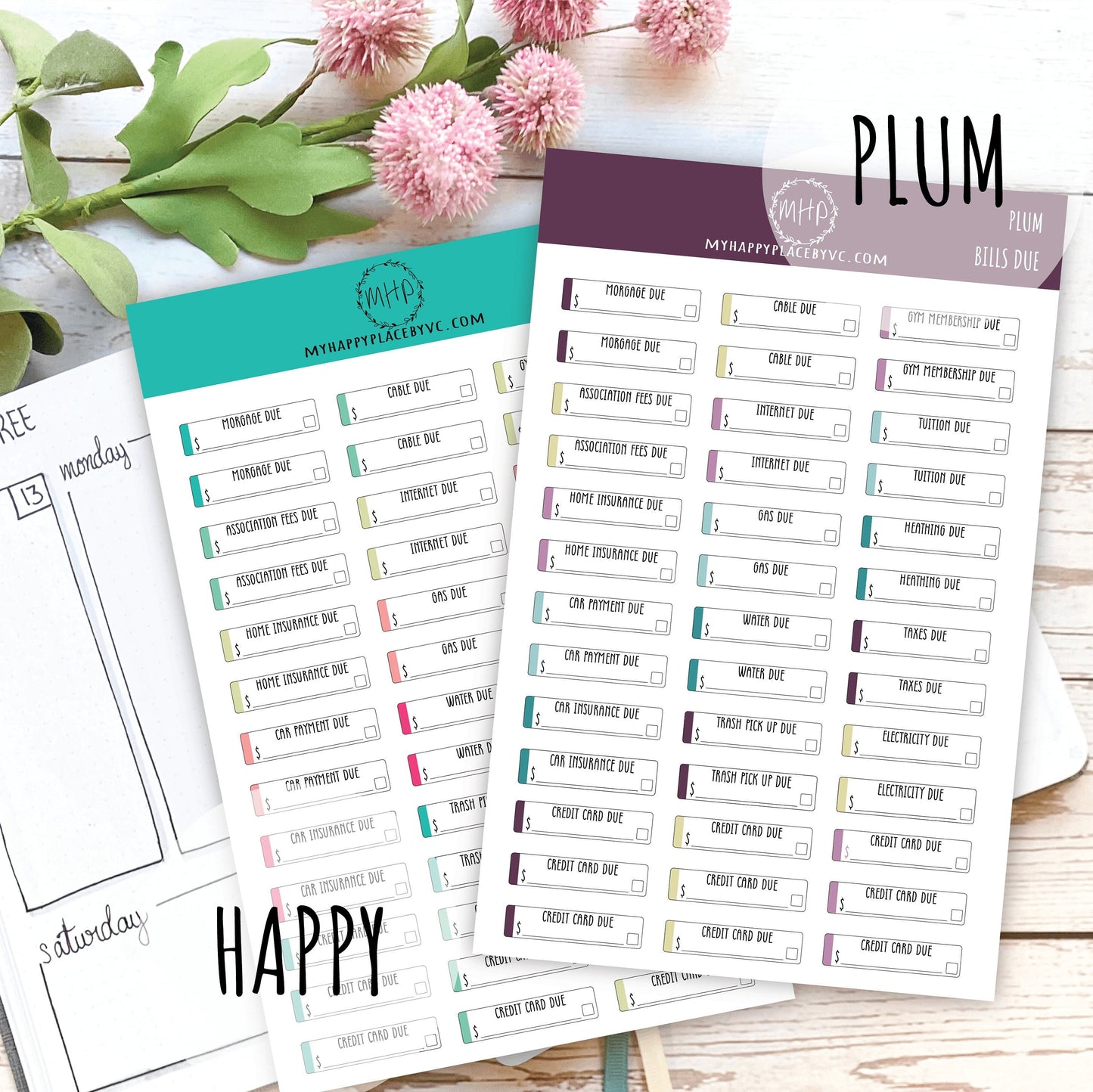 Bills Due Planner Stickers College Planner, Bullet Journals, Teacher Planners, and Homeschool Planner || F704