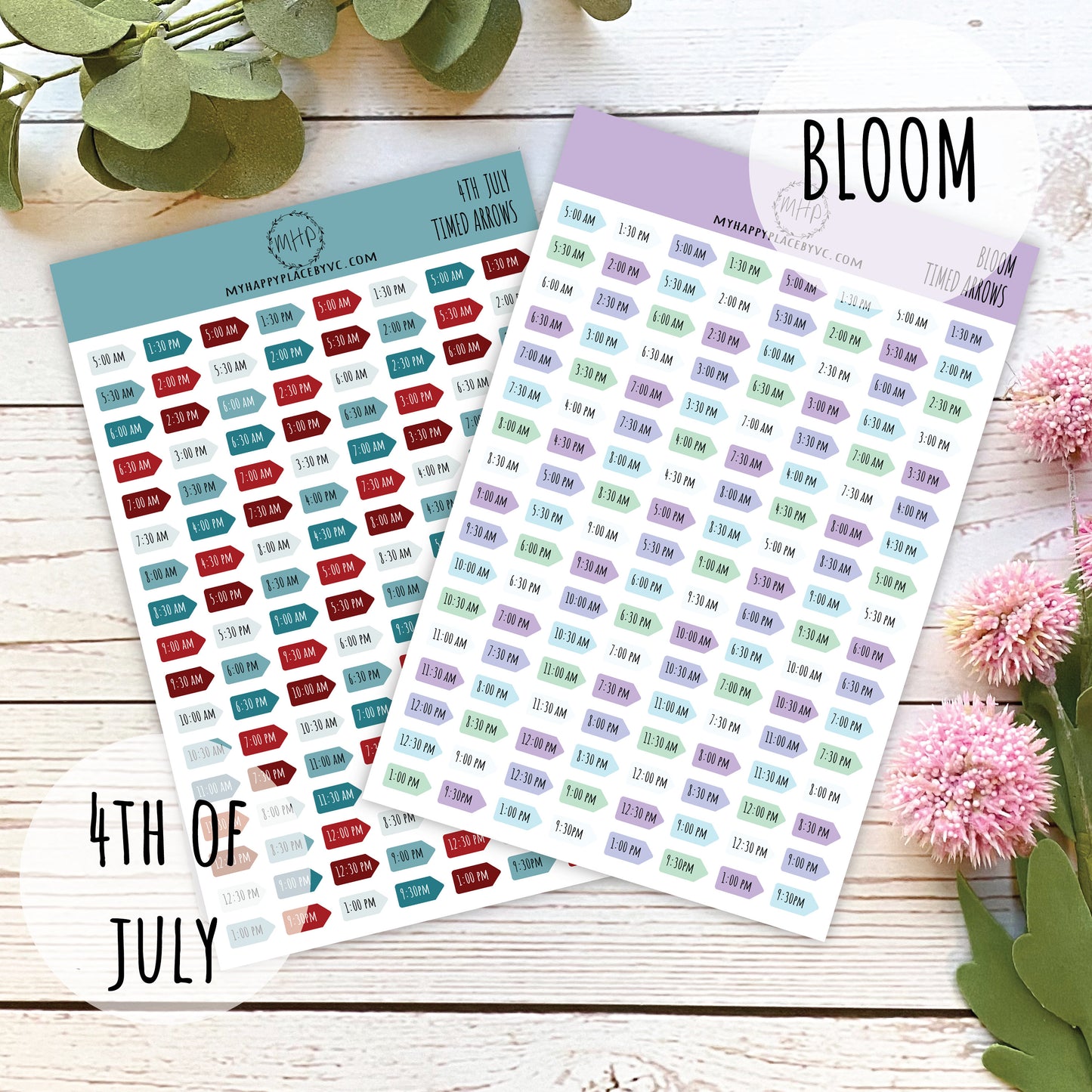 Timed Arrows Planner Stickers for Bullet Journals, Stickers for Planners , Half Hour Labels 5 am - 9:30 pm || H508
