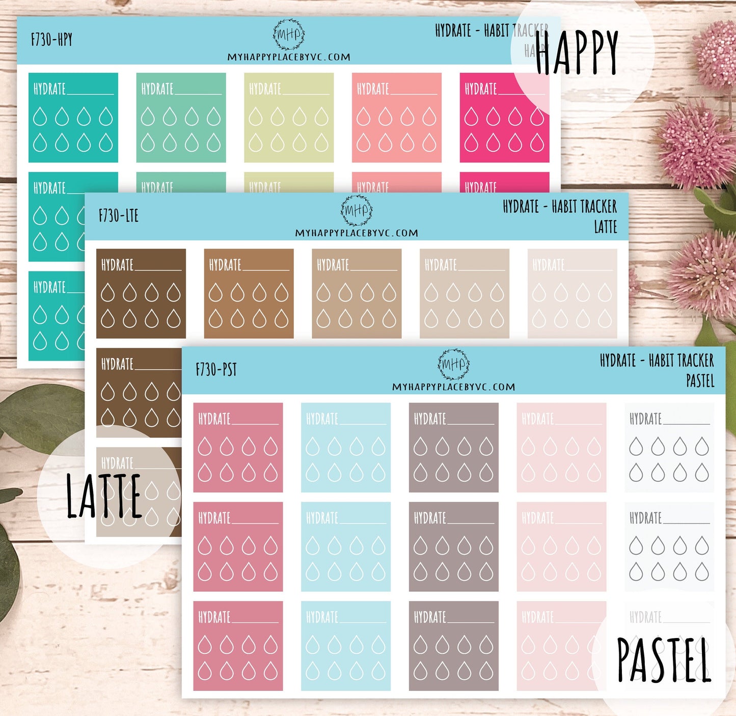 Hydrate Habit Tracker. Planner Stickers for Bullet Journals, College Planner, Teacher, Homeschool Planner and School Planners || F730