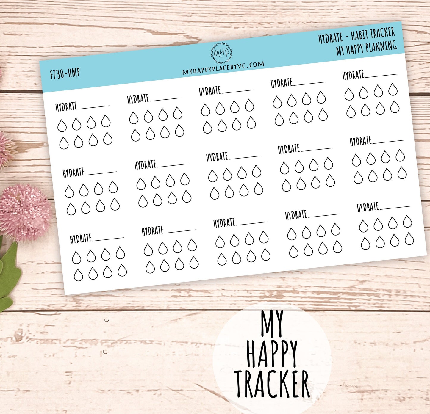 Hydrate Habit Tracker. Planner Stickers for Bullet Journals, College Planner, Teacher, Homeschool Planner and School Planners || F730