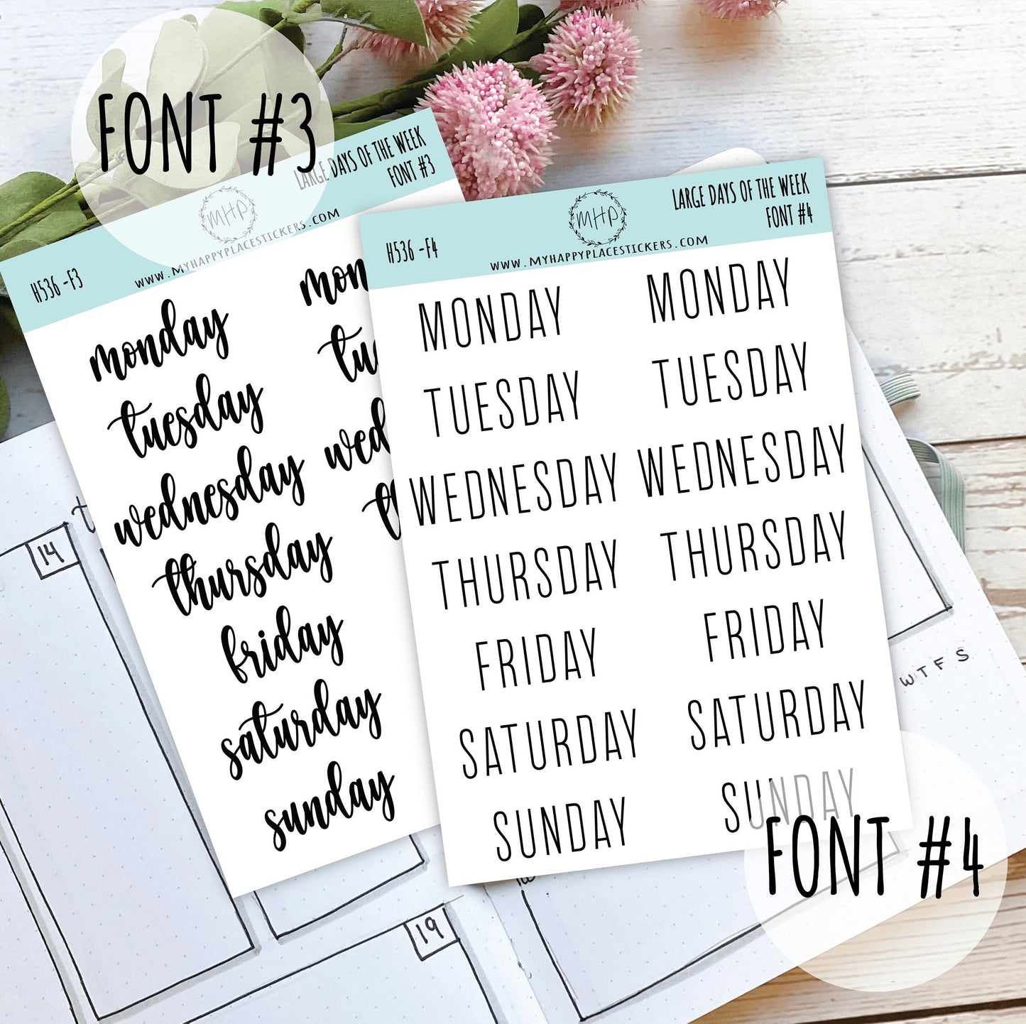 Large Days of the Week Stickers for Planners, Organizers and Bullet Journals. College Planner. 8 Fonts to Choose From || H536