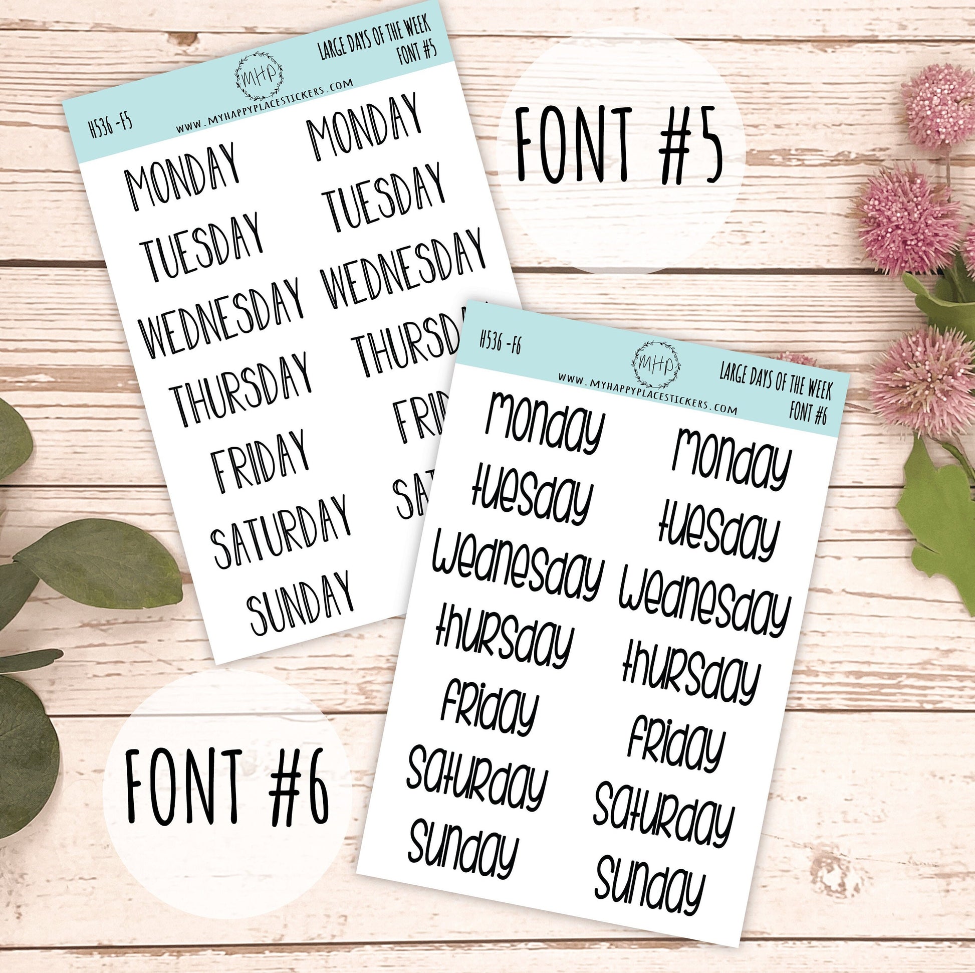 Large Days of the Week Stickers for Planners, Organizers and Bullet Journals. College Planner. 8 Fonts to Choose From || H536