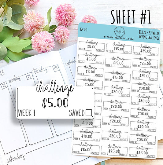 52 Week Saving Challenge with Set Amount (1,820 total). Stickers for Planners and Bullet Journals || F743