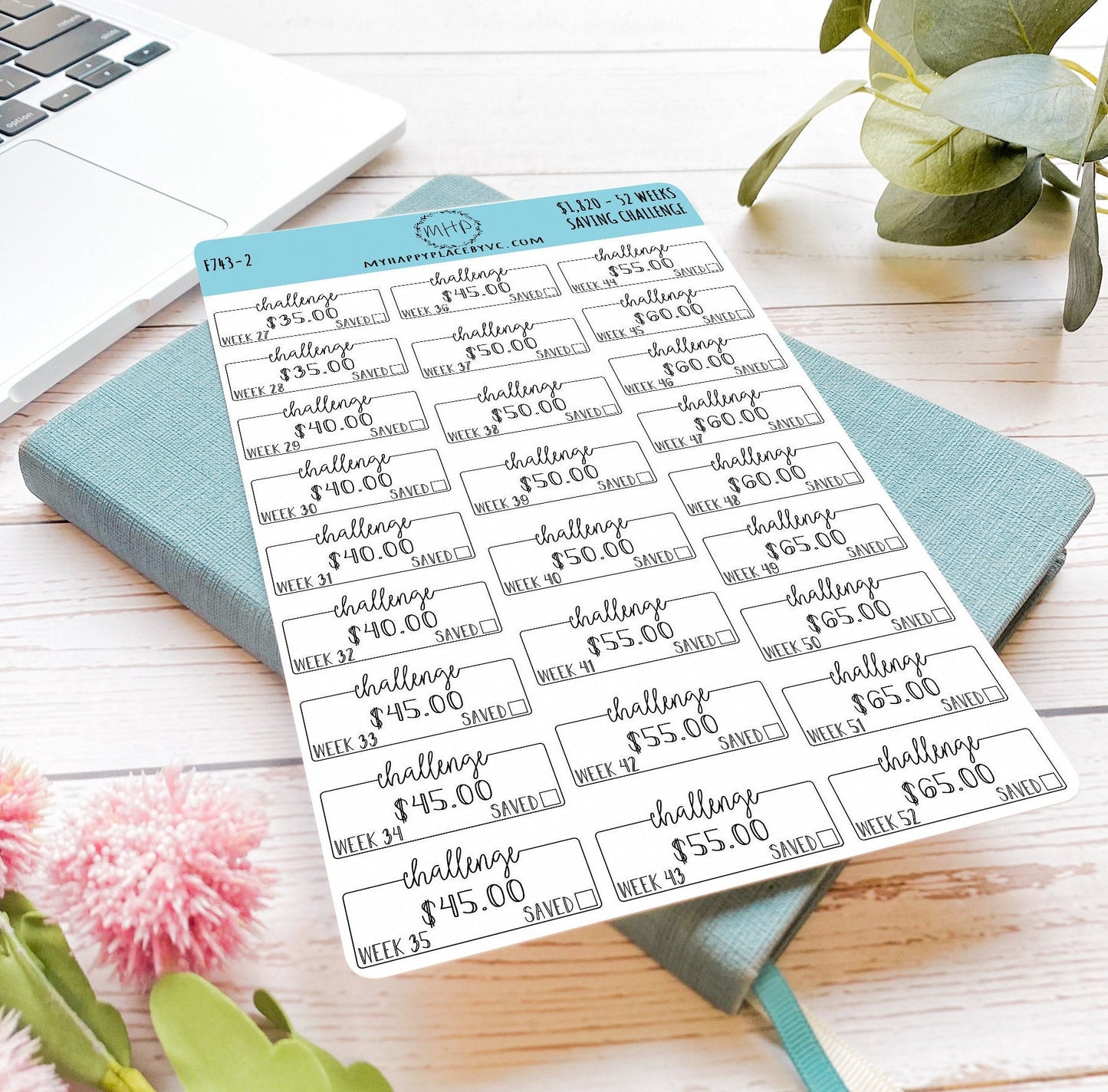 52 Week Saving Challenge with Set Amount (1,820 total). Stickers for Planners and Bullet Journals || F743