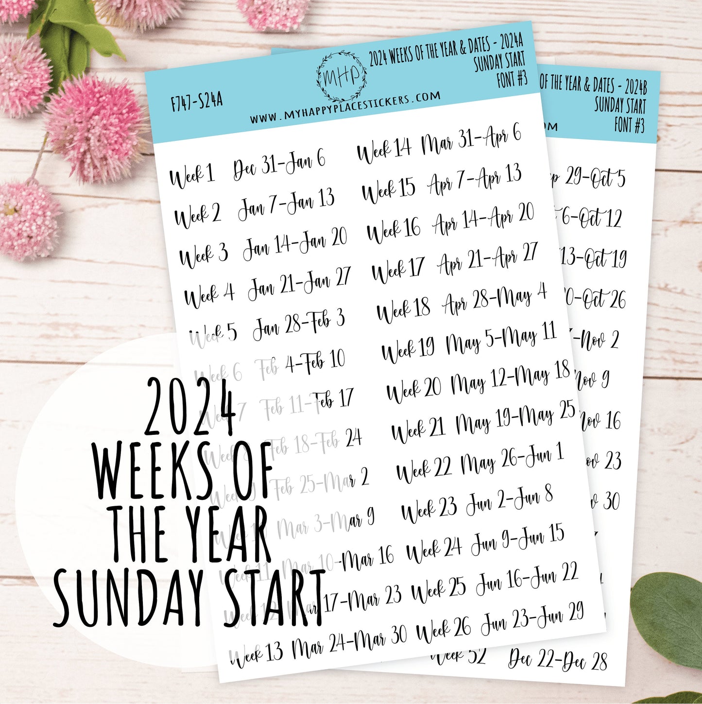 2024 Weeks of the Year Stickers SUNDAY START for Planners and Bullet Journals || F727