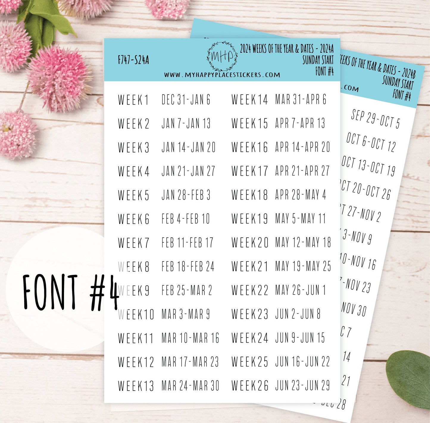 2024 Weeks of the Year Stickers SUNDAY START for Planners and Bullet Journals || F727