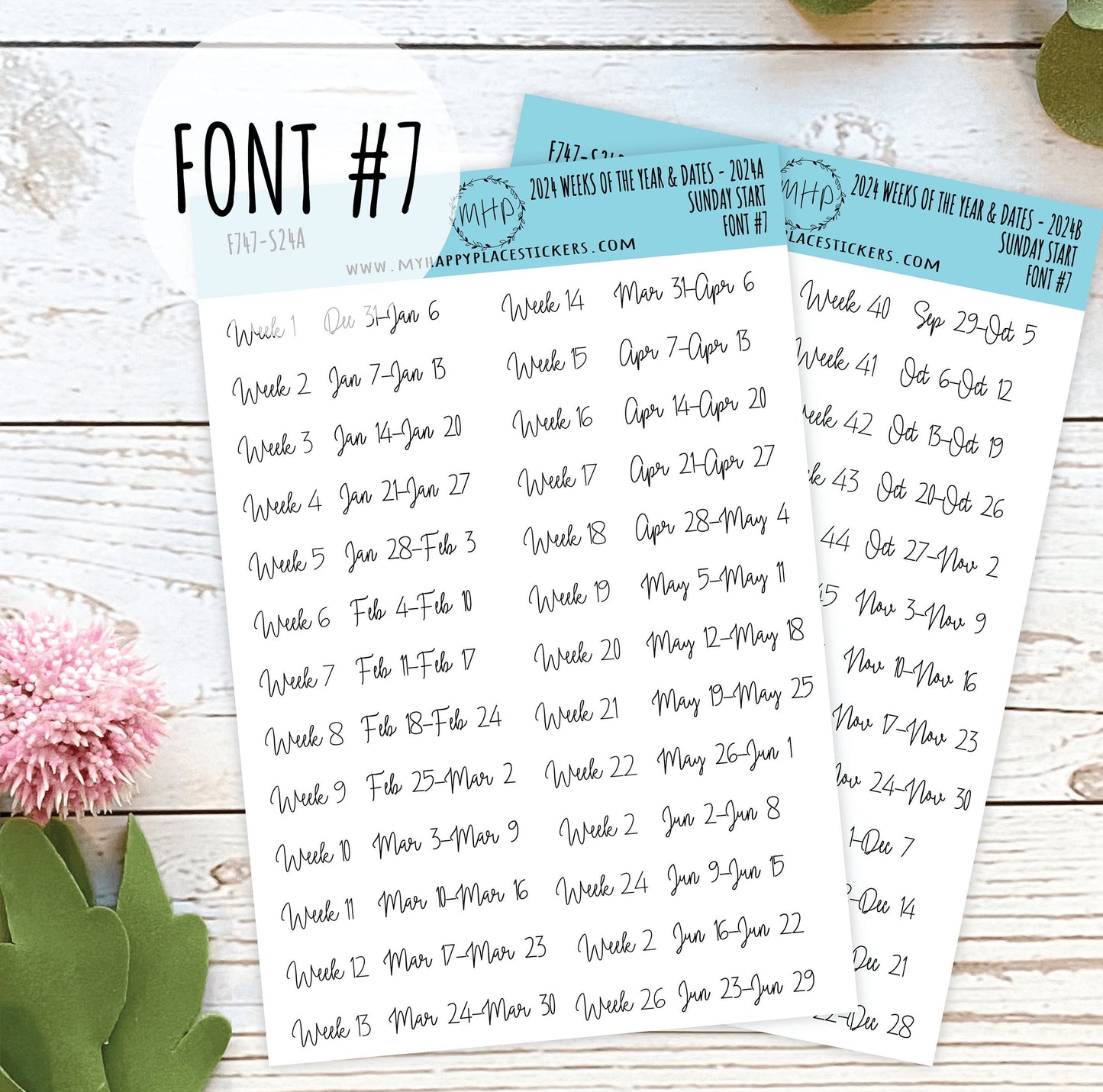 2024 Weeks of the Year Stickers SUNDAY START for Planners and Bullet Journals || F727