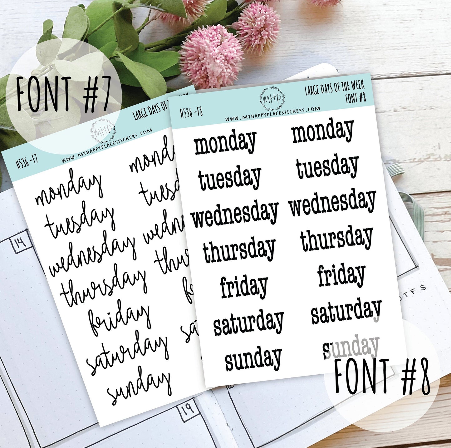 Large Days of the Week Stickers for Planners, Organizers and Bullet Journals. College Planner. 8 Fonts to Choose From || H536