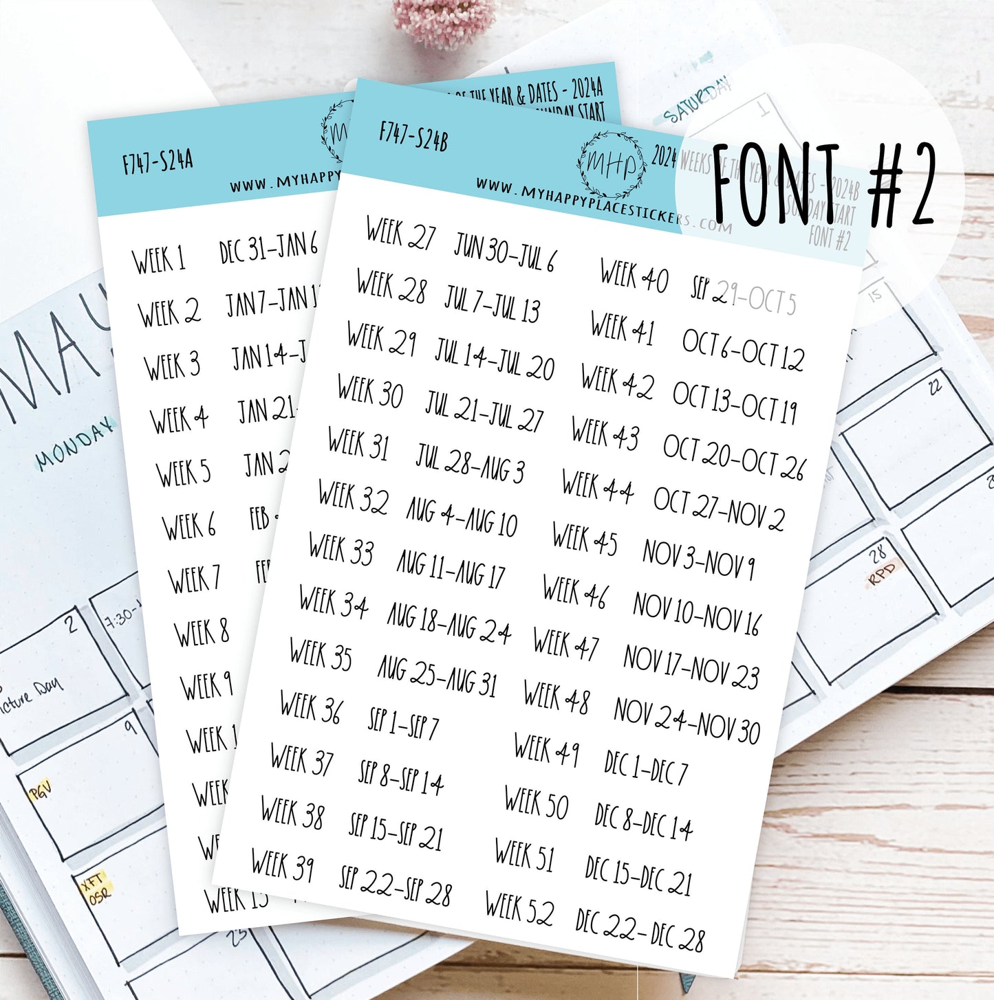 2024 Weeks of the Year Stickers SUNDAY START for Planners and Bullet Journals || F727