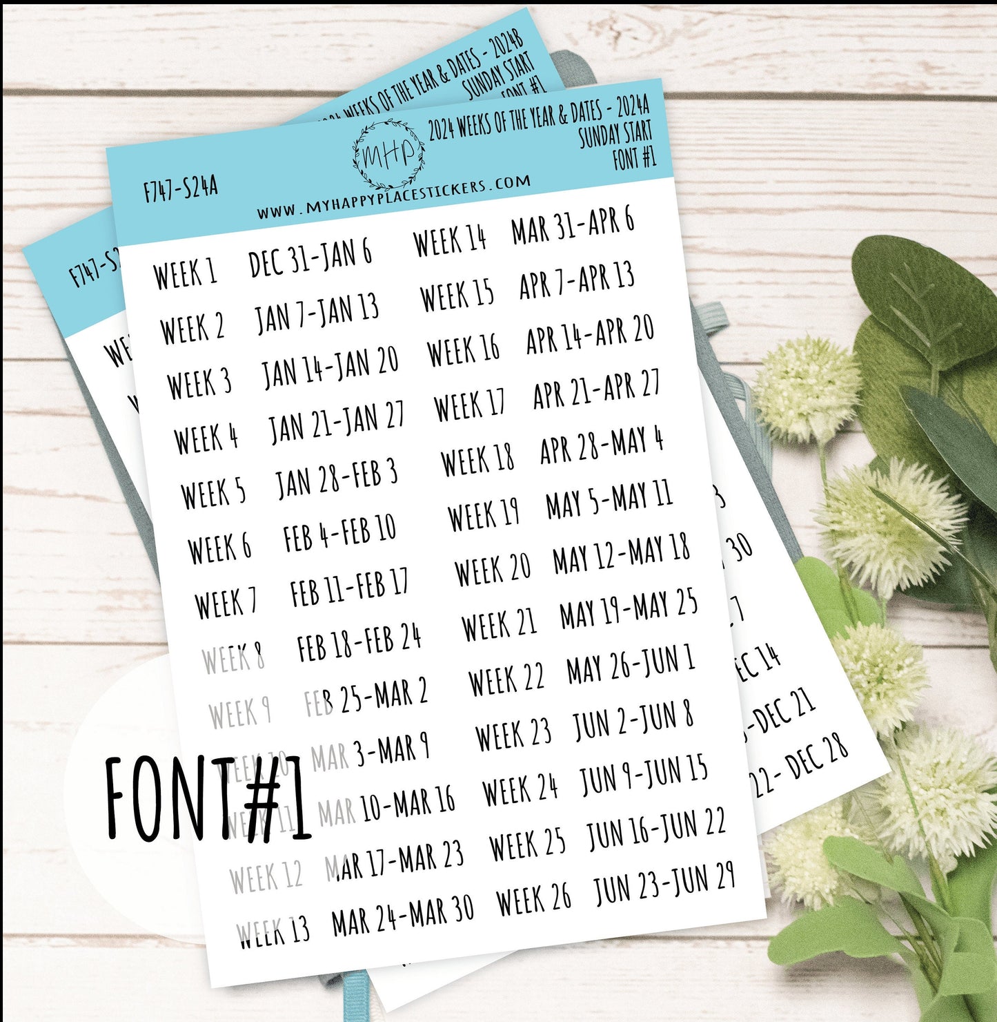 2024 Weeks of the Year Stickers SUNDAY START for Planners and Bullet Journals || F727