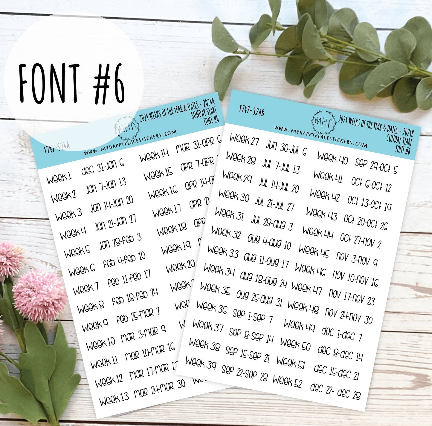 2024 Weeks of the Year Stickers SUNDAY START for Planners and Bullet Journals || F727