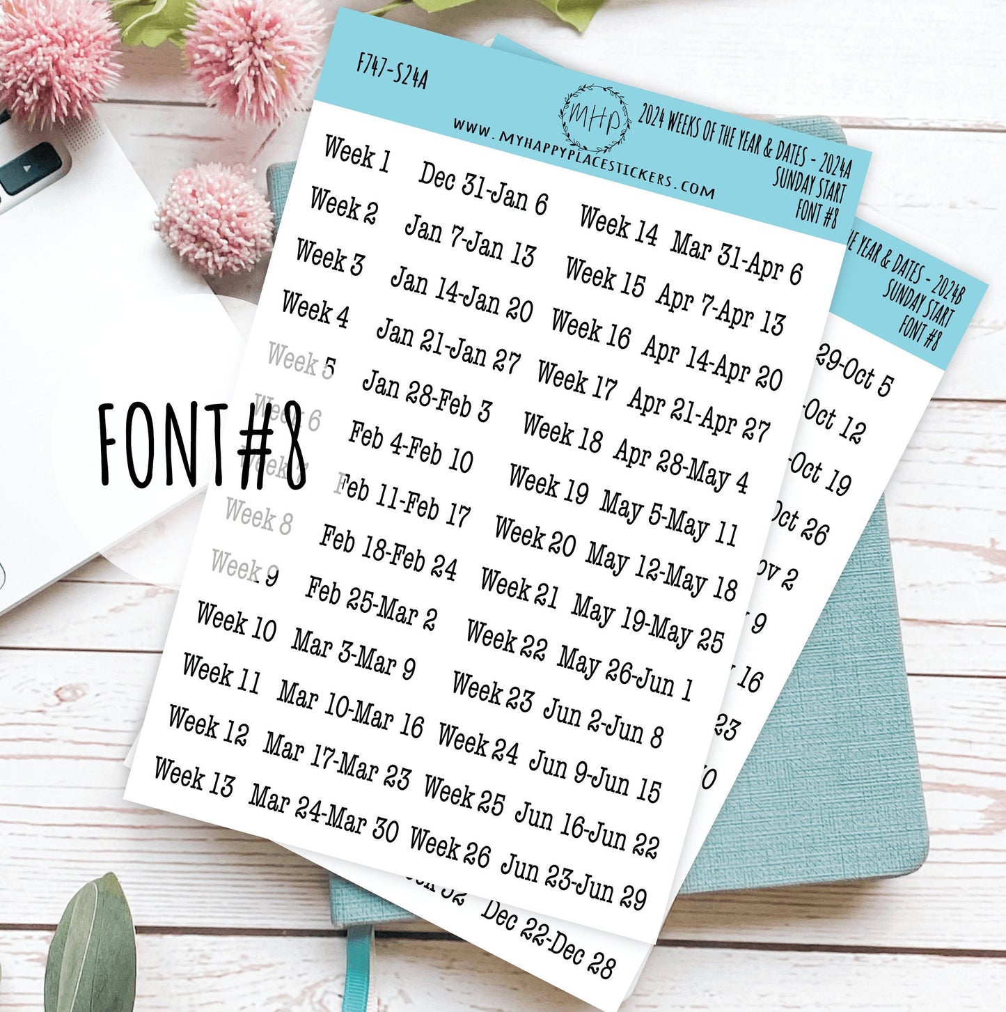 2024 Weeks of the Year Stickers SUNDAY START for Planners and Bullet Journals || F727