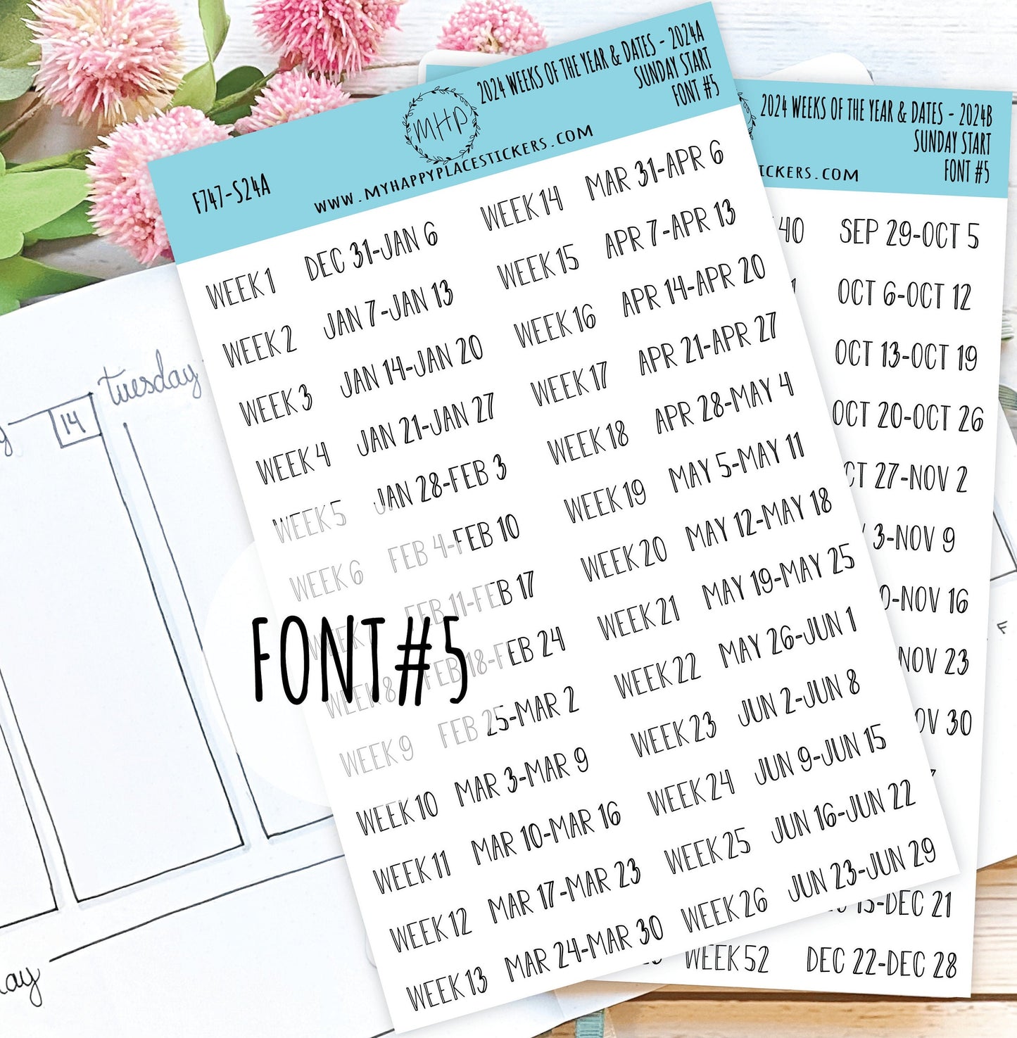 2024 Weeks of the Year Stickers SUNDAY START for Planners and Bullet Journals || F727