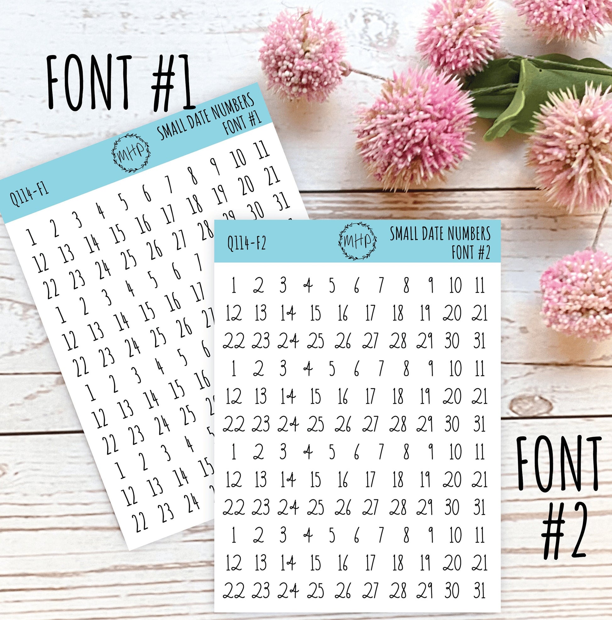 Small Date Number Stickers for Planners, Organizers and Bullet Journals. Undated Planners. 8 Fonts to Choose From || Q114