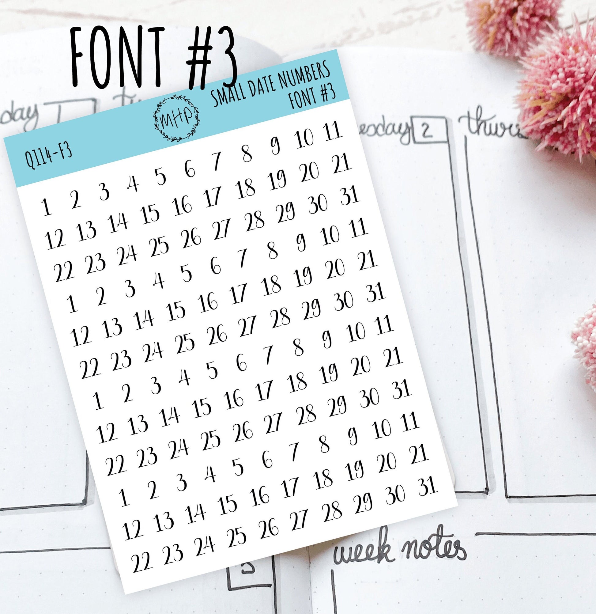 Small Date Number Stickers for Planners, Organizers and Bullet Journals. Undated Planners. 8 Fonts to Choose From || Q114