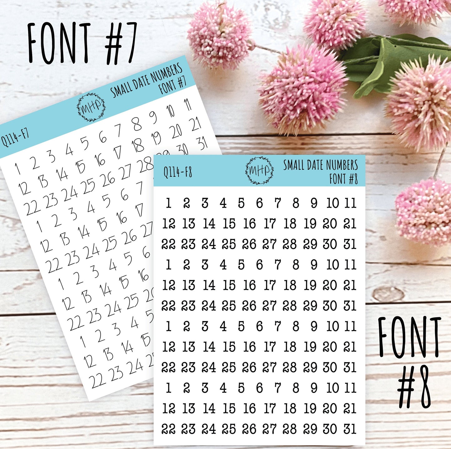 Small Date Number Stickers for Planners, Organizers and Bullet Journals. Undated Planners. 8 Fonts to Choose From || Q114