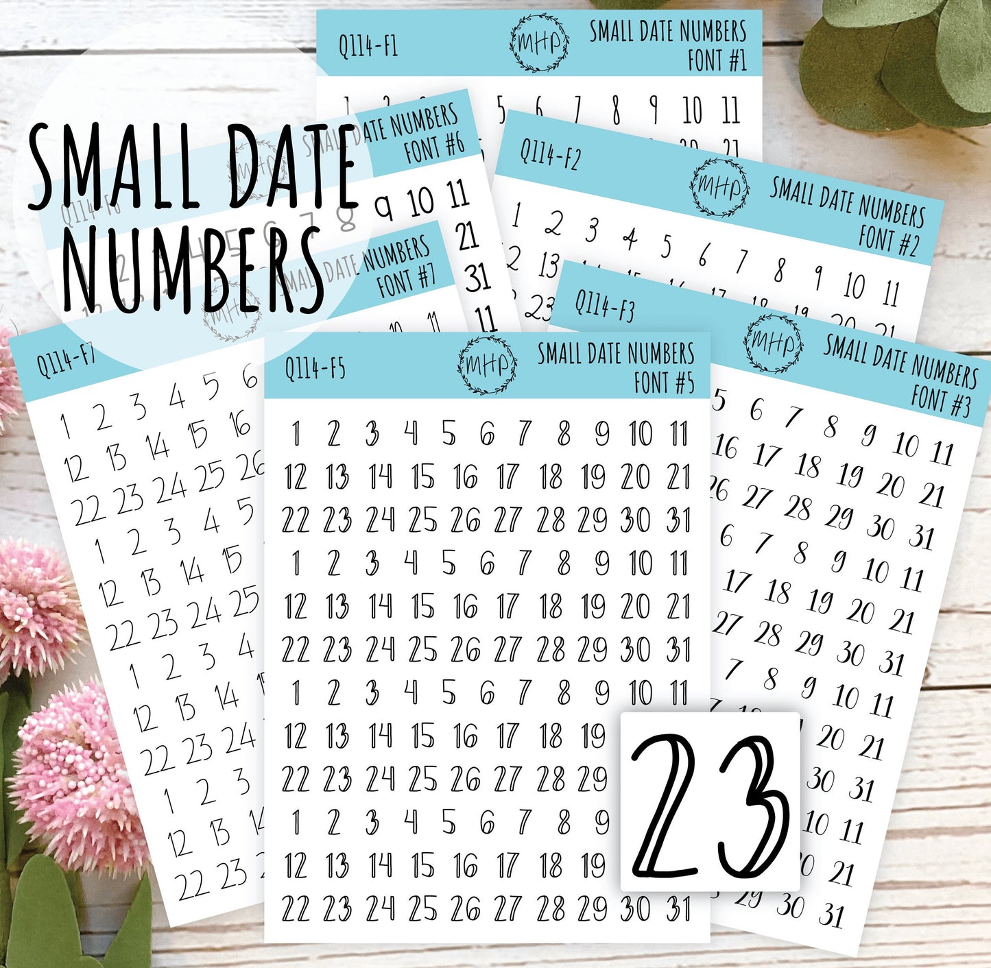 Small Date Number Stickers for Planners, Organizers and Bullet Journals. Undated Planners. 8 Fonts to Choose From || Q114