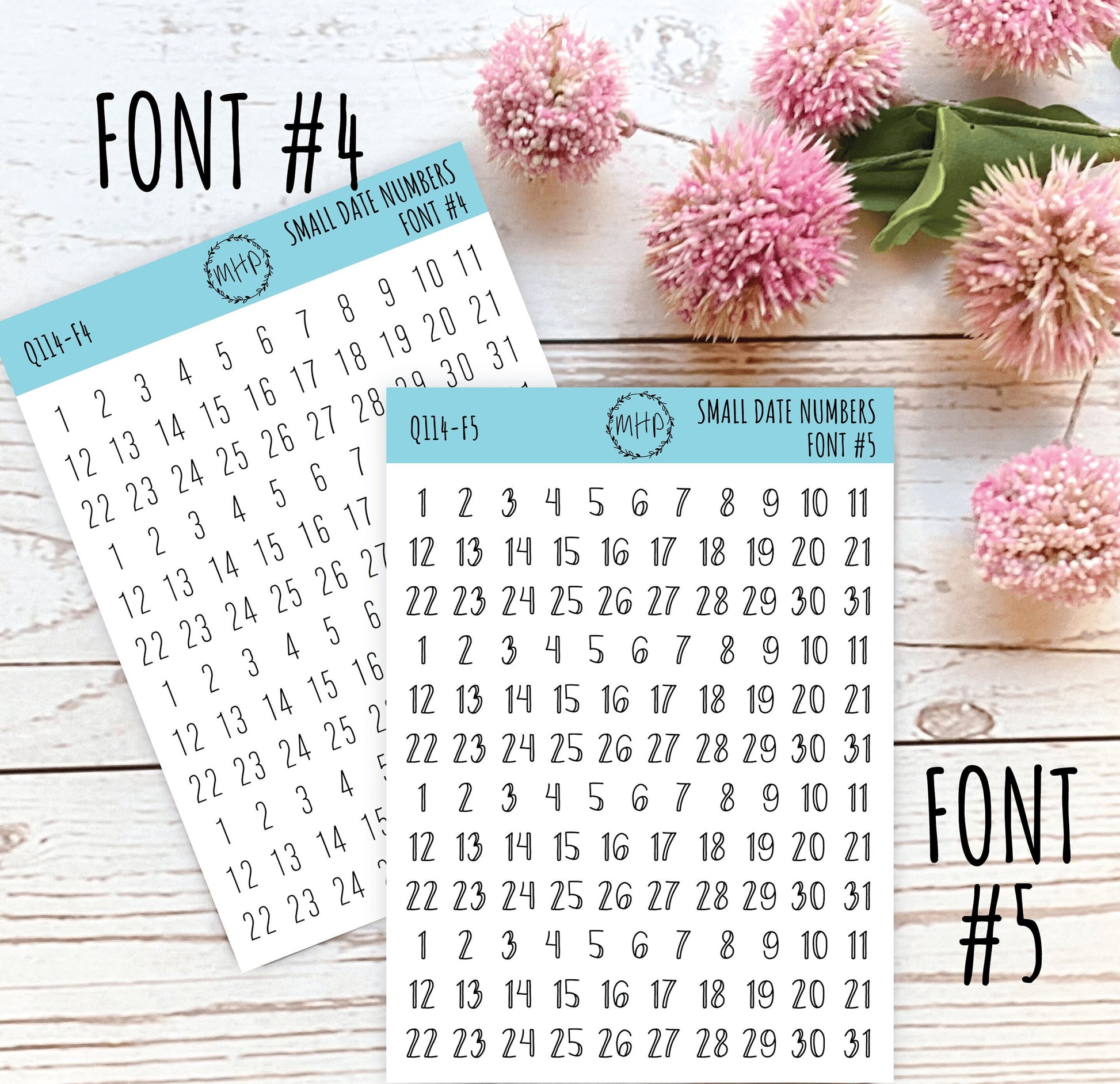 Small Date Number Stickers for Planners, Organizers and Bullet Journals. Undated Planners. 8 Fonts to Choose From || Q114
