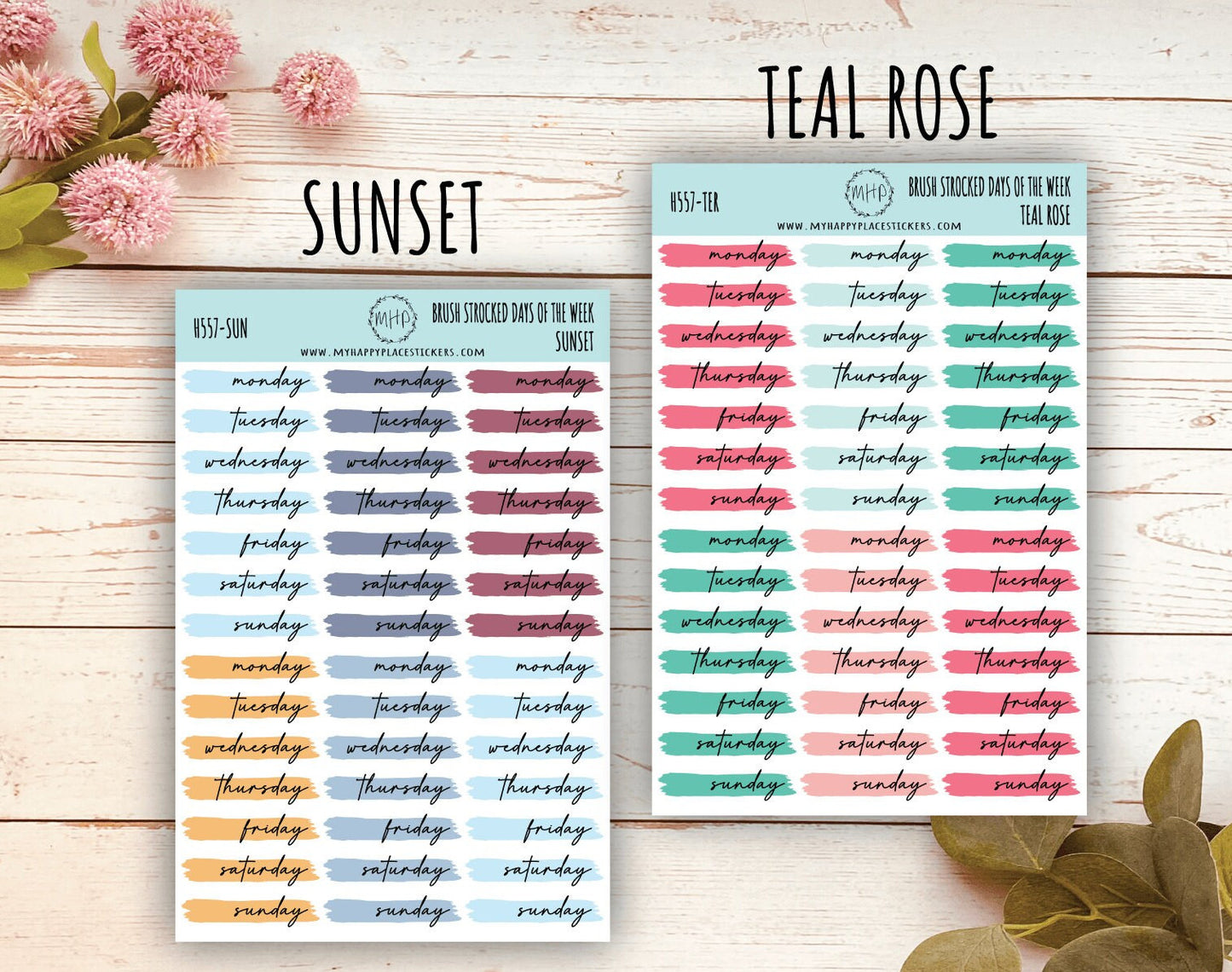 Days of the Week Over Brush Stroke. Planner Stickers || H557