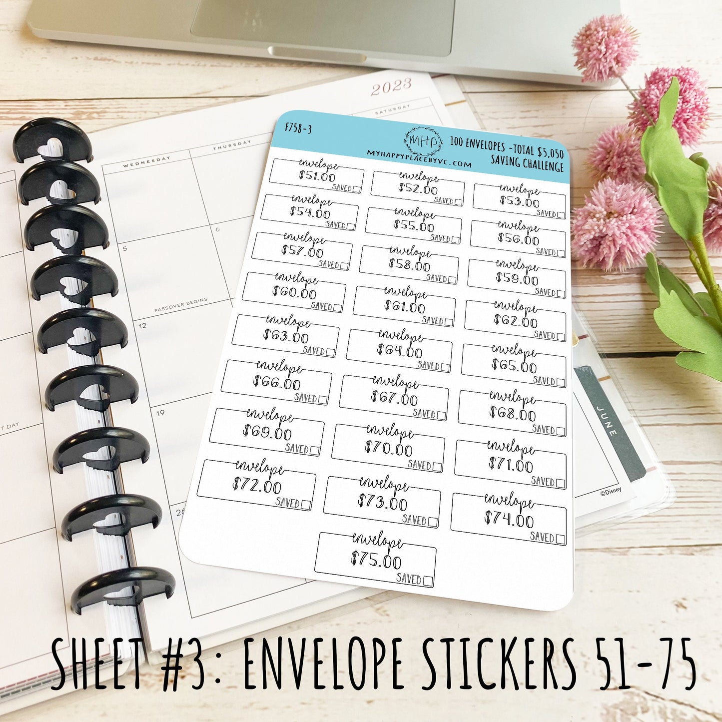 100 Envelope Stickers for Savings Challenge (Total Savings 5,050.00). Stickers for Planners, Saving Envelopes, and Bullet Journals || F758
