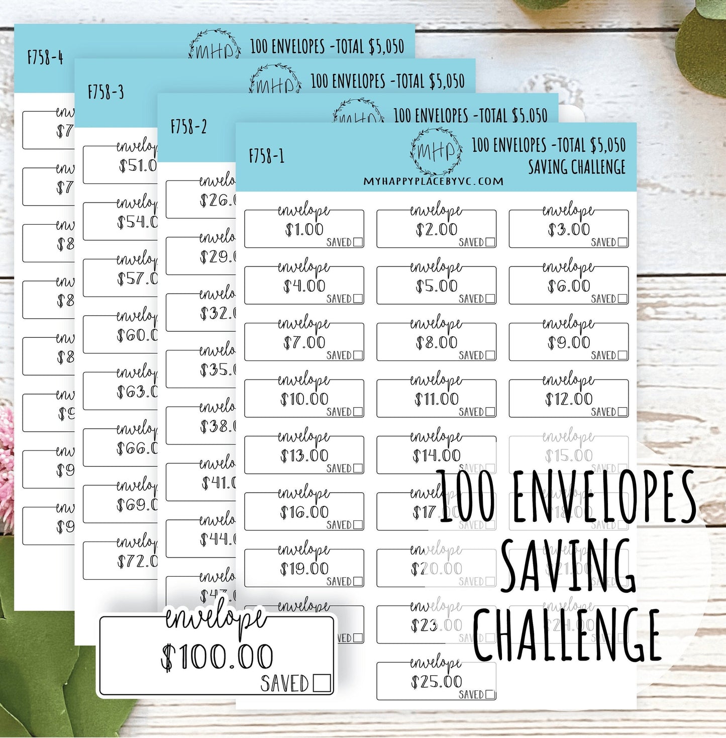 100 Envelope Stickers for Savings Challenge (Total Savings 5,050.00). Stickers for Planners, Saving Envelopes, and Bullet Journals || F758