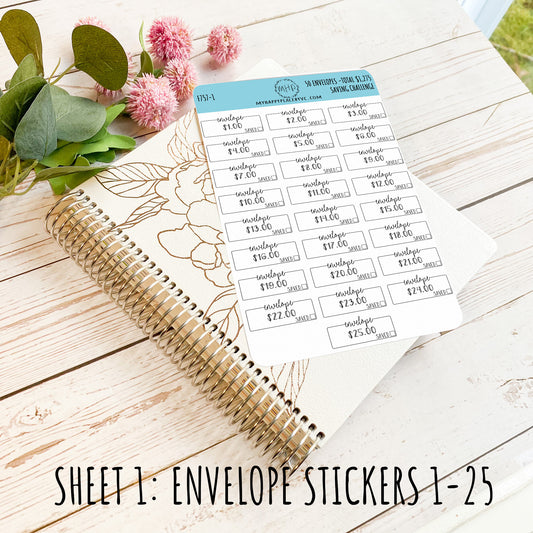 50 Envelope Stickers for Savings Challenge (Total Savings 1,275.00). Stickers for Planners, Saving Envelopes, and Bullet Journals || F757