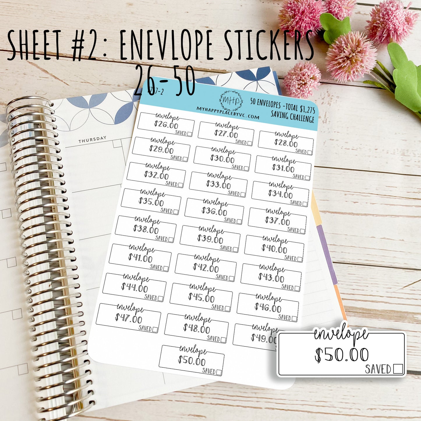50 Envelope Stickers for Savings Challenge (Total Savings 1,275.00). Stickers for Planners, Saving Envelopes, and Bullet Journals || F757