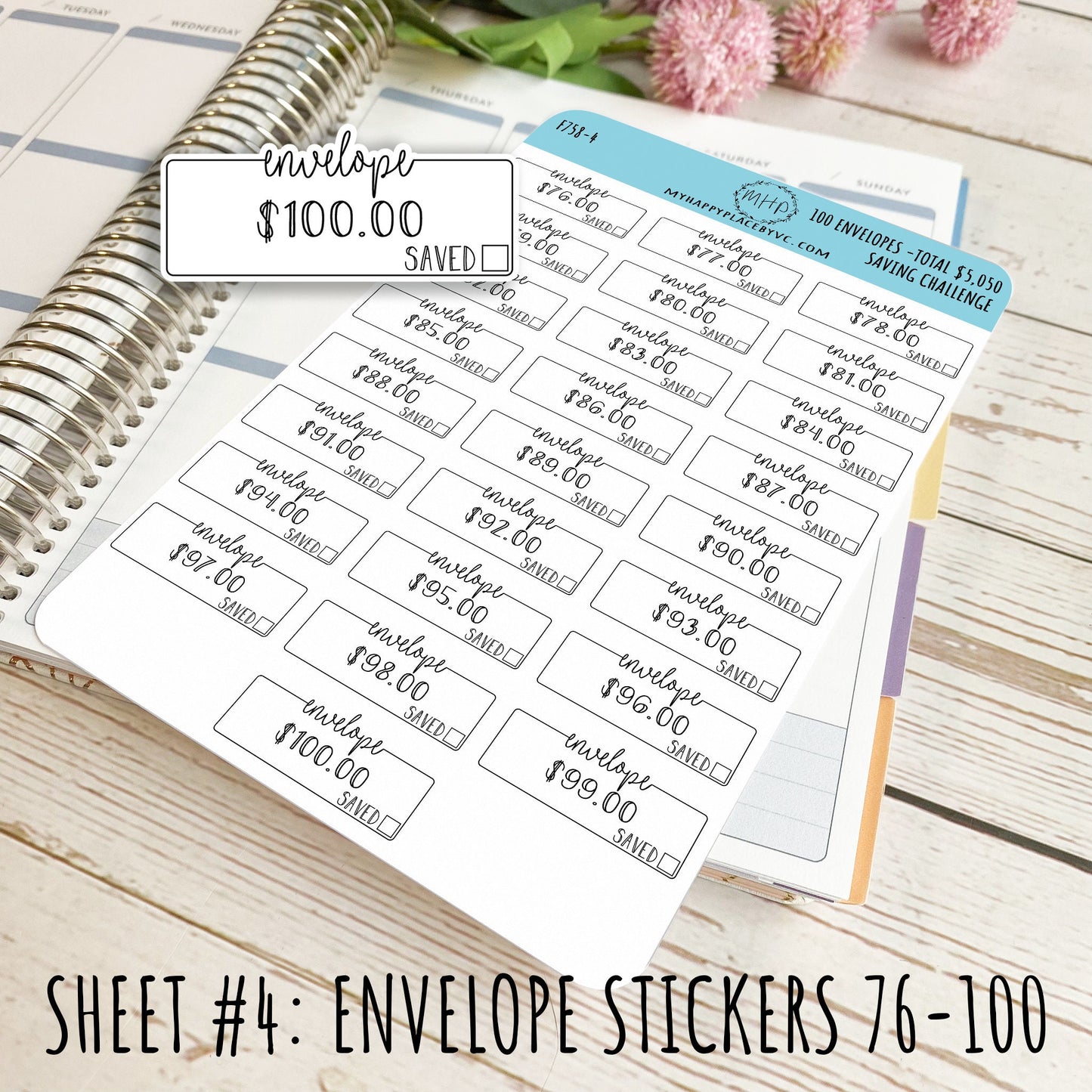 100 Envelope Stickers for Savings Challenge (Total Savings 5,050.00). Stickers for Planners, Saving Envelopes, and Bullet Journals || F758